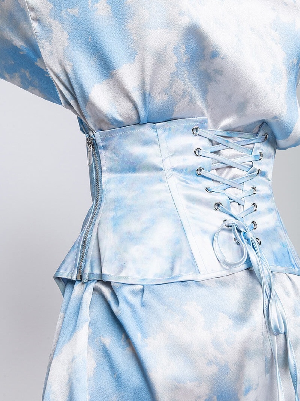 AKIRA Sky-Print Satin Corset Dress in Light Blue - Picture 8 of 17
